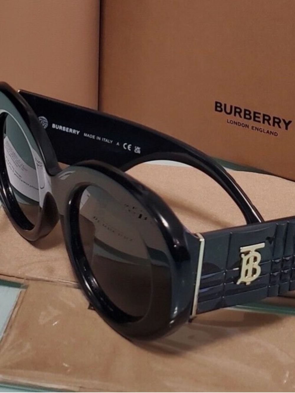 Burberry Black Round Sunglasses with Gold TB Accent